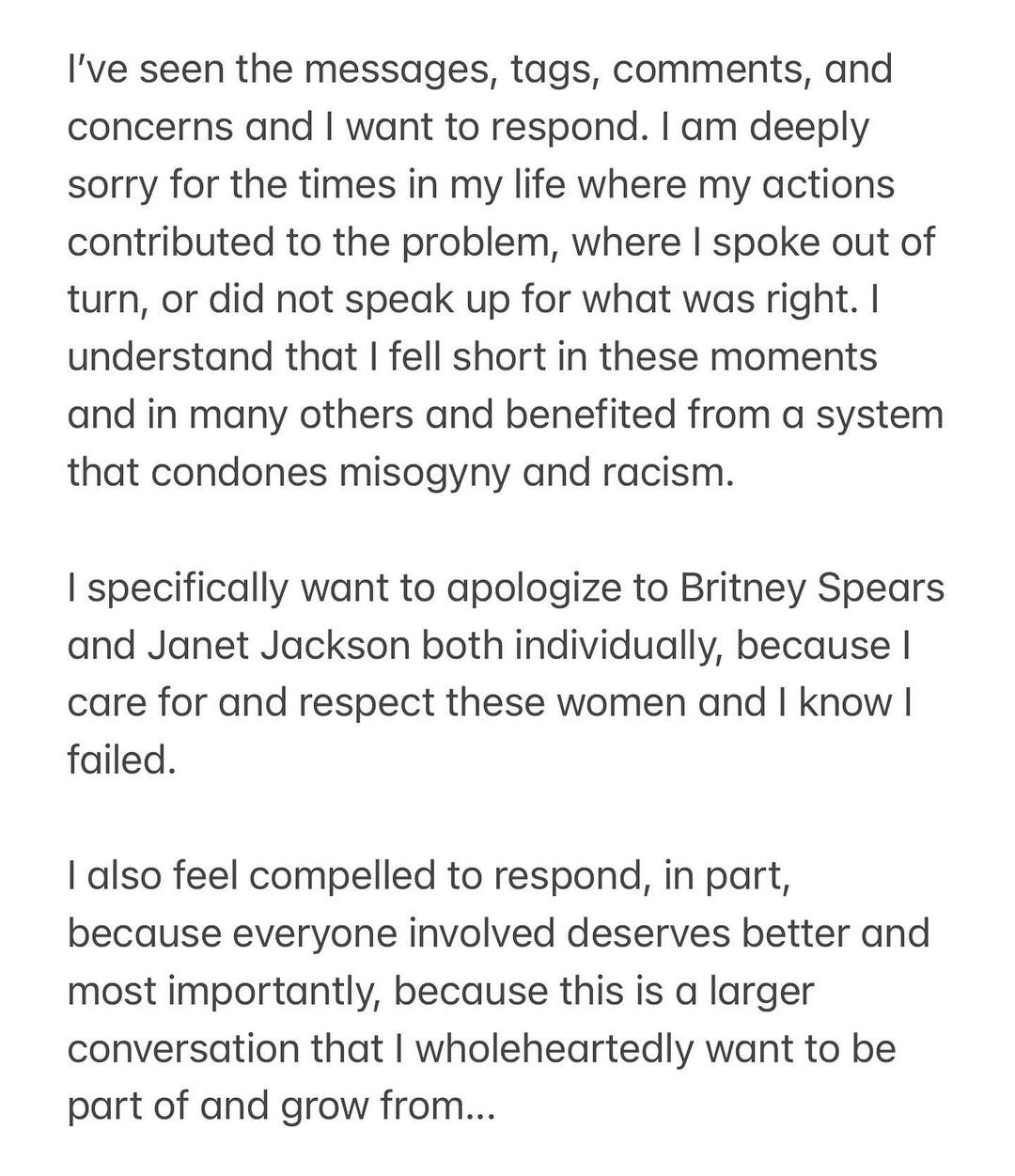 Джастин Тимберлейк публично извинился перед Бритни Спирс