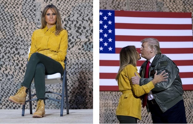 Желтый жакет Victoria Beckham и классические ботинки Timberland: Мелания Трамп в Ираке