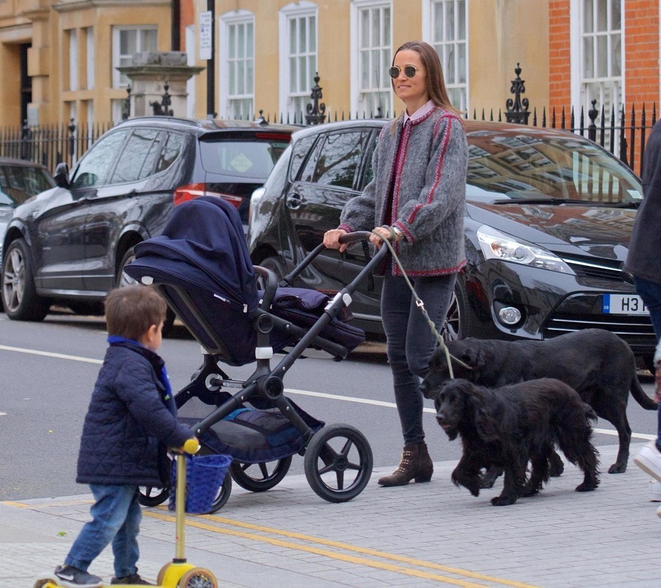 Пиппа Миддлтон в уютном образе гуляет с сыном Артуром и собаками